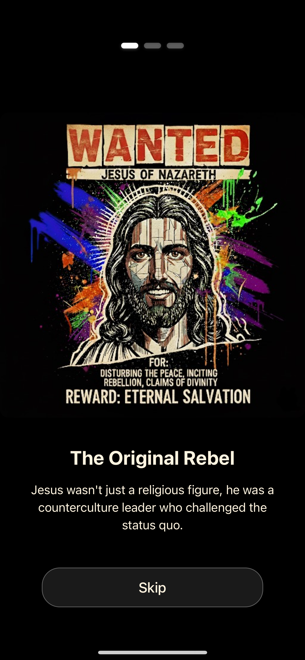 JesusGPT onboarding screen featuring artistic Jesus portrait